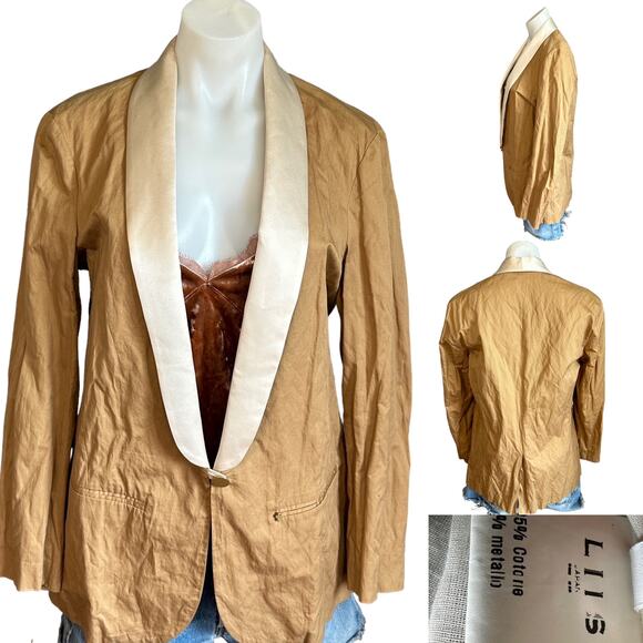 Italian Tuxedo Blazer Large Luxury Crinkle Boxy Khaki Brown Cotton Designer $298 - Picture 7 of 7